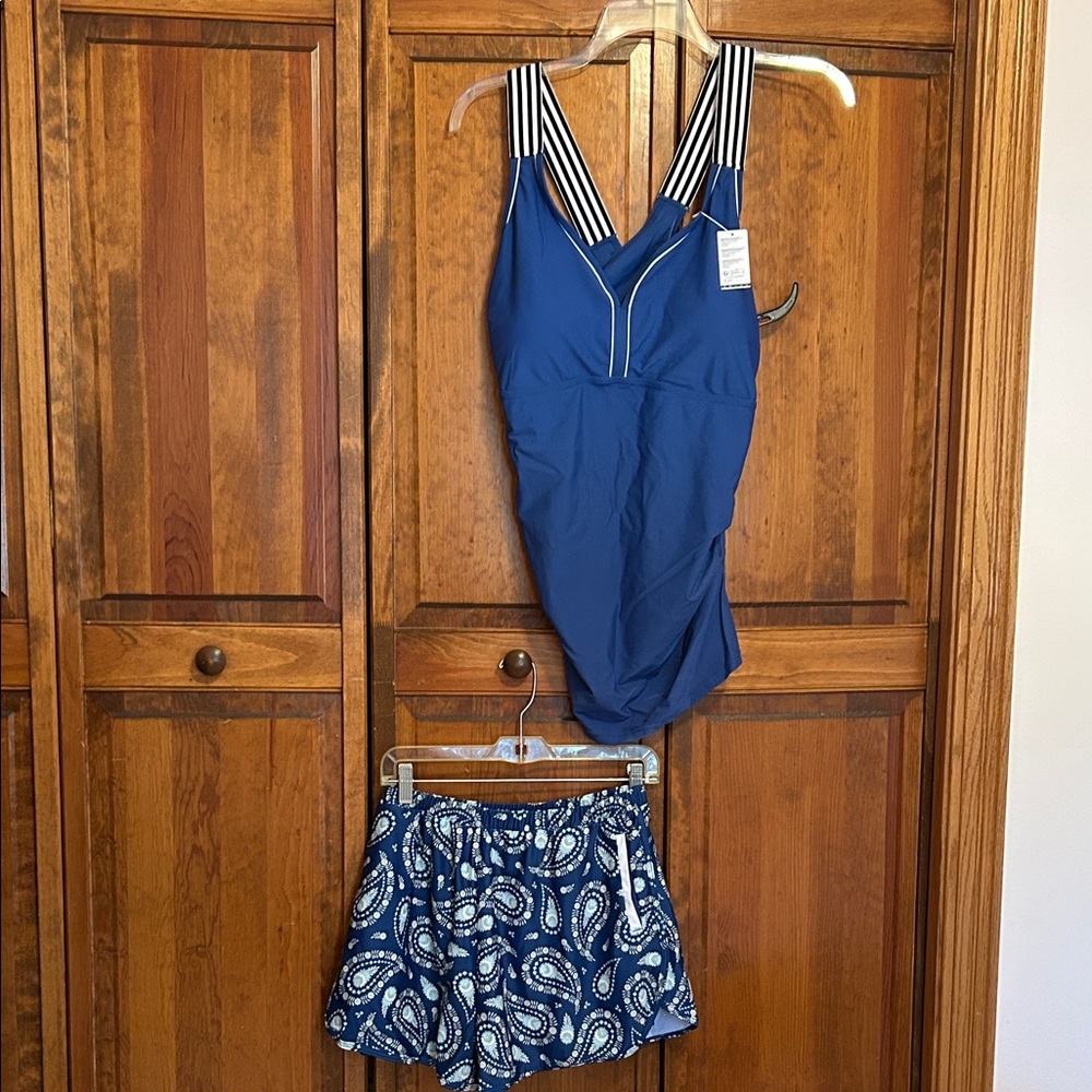 Blue two-Piece Swimsuit with Striped Straps and paisley shorts with pockets